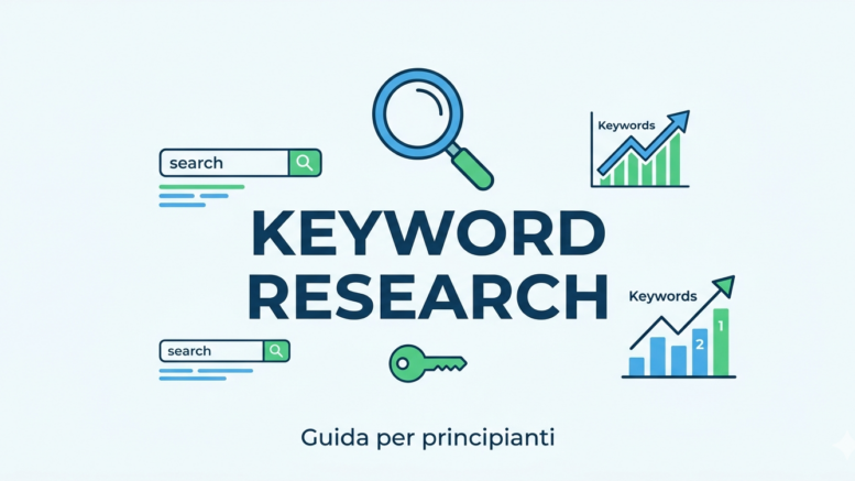 Illustrazione di keyword research per principianti con barra di ricerca, lente d’ingrandimento e guida semplice per scegliere le parole chiave giuste per il tuo blog.